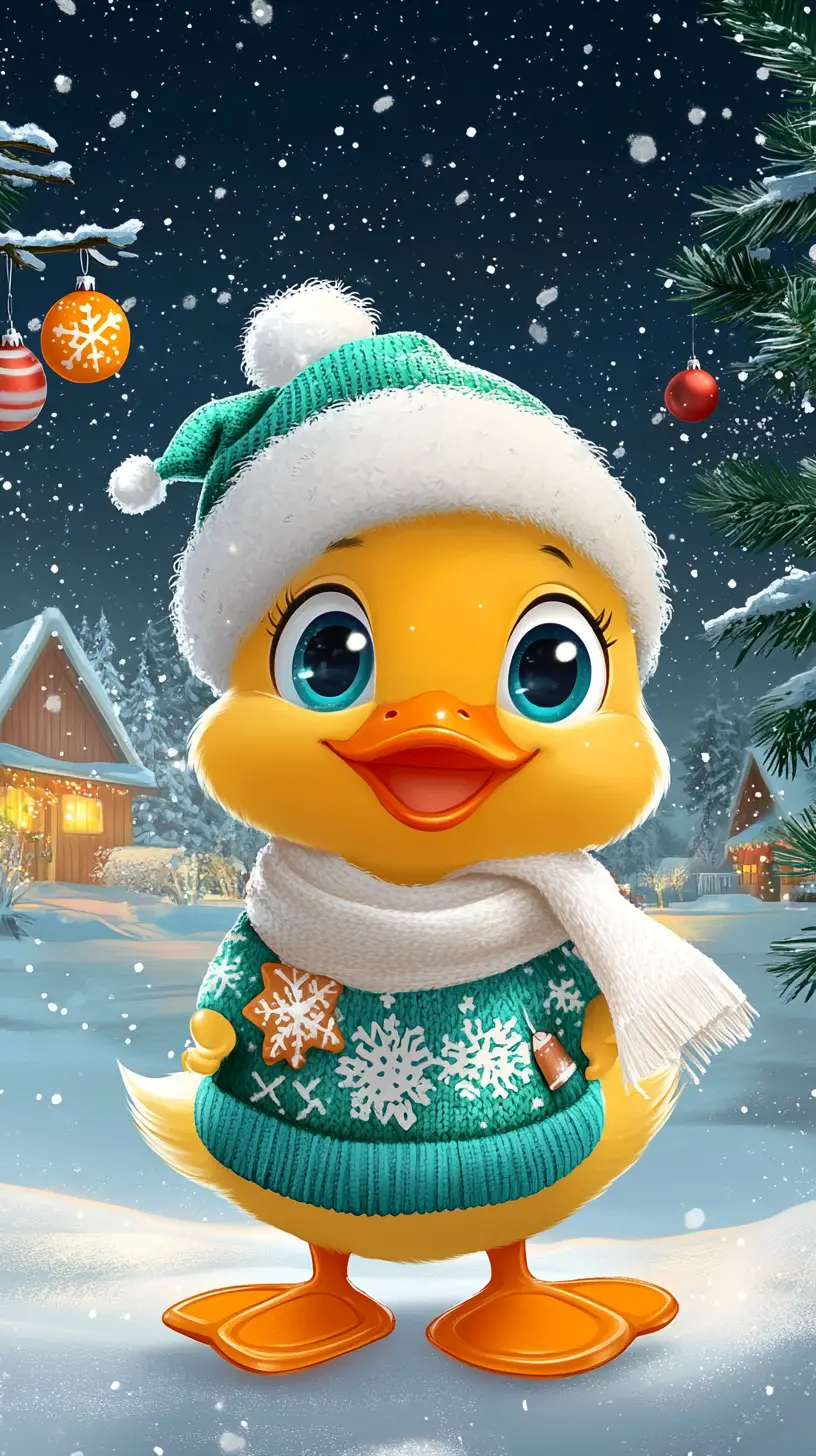 Cute duckling in snowy winter christmas village scene