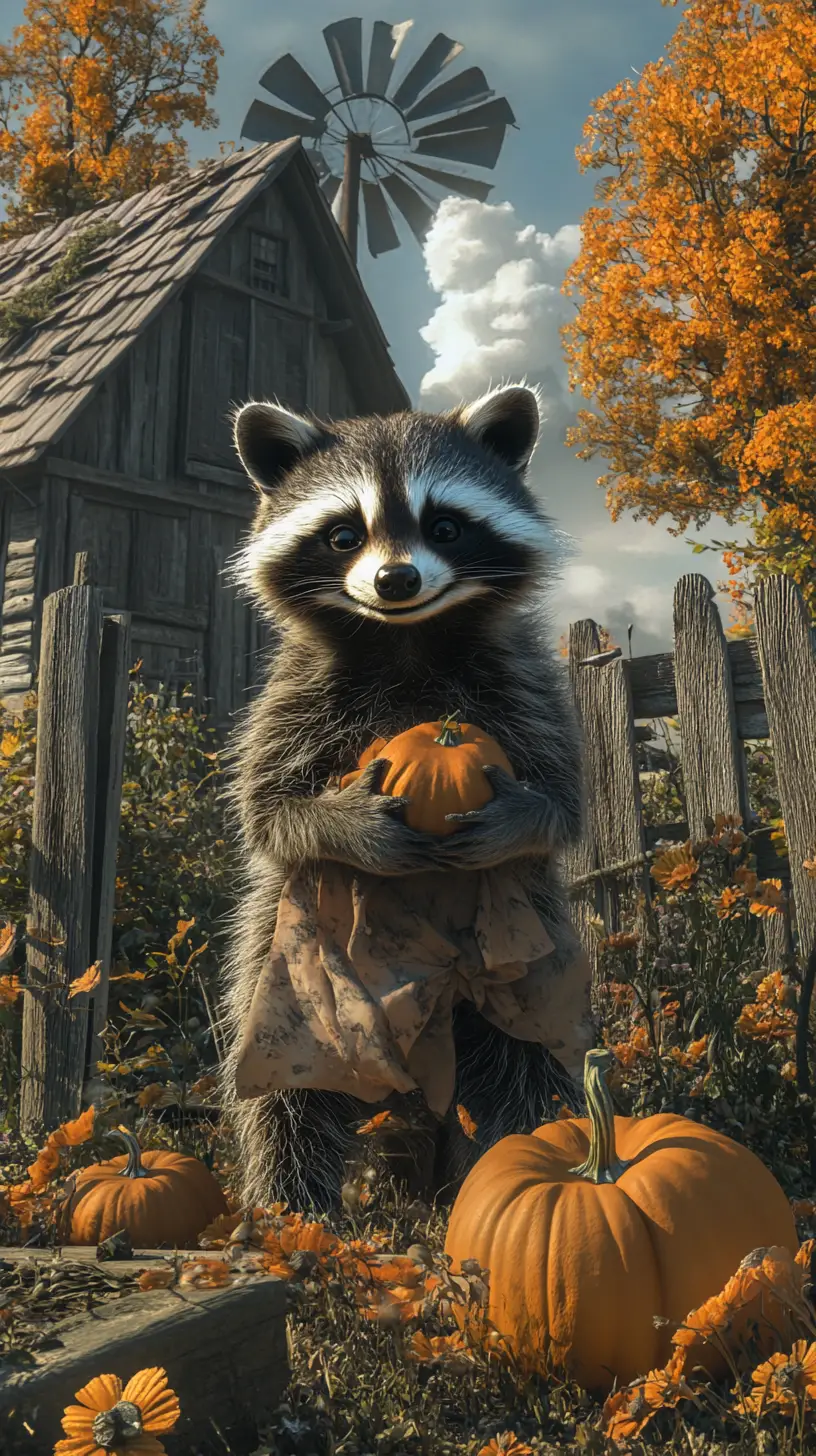 Happy raccoon sitting outside near an old country house
