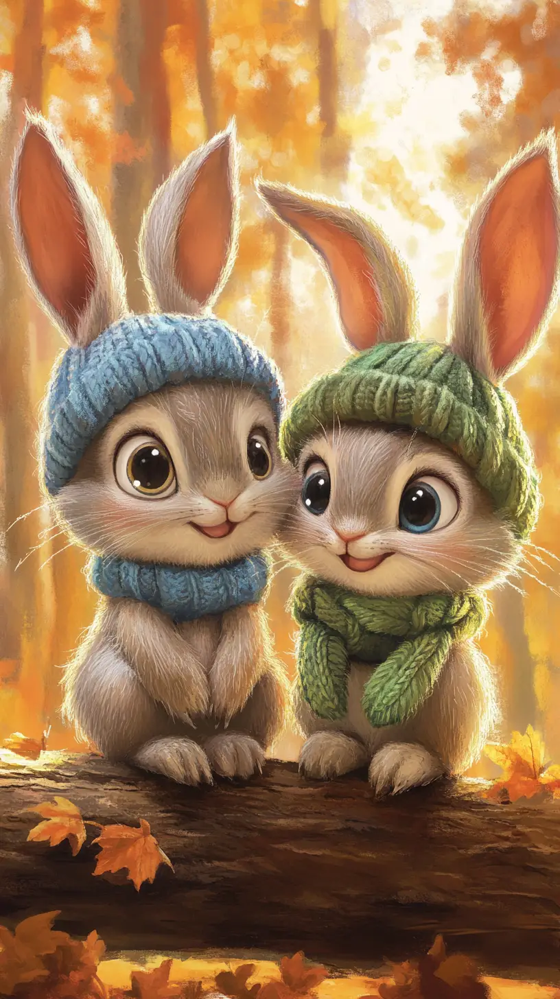 Two cartoon rabbits on a forest log in autumn
