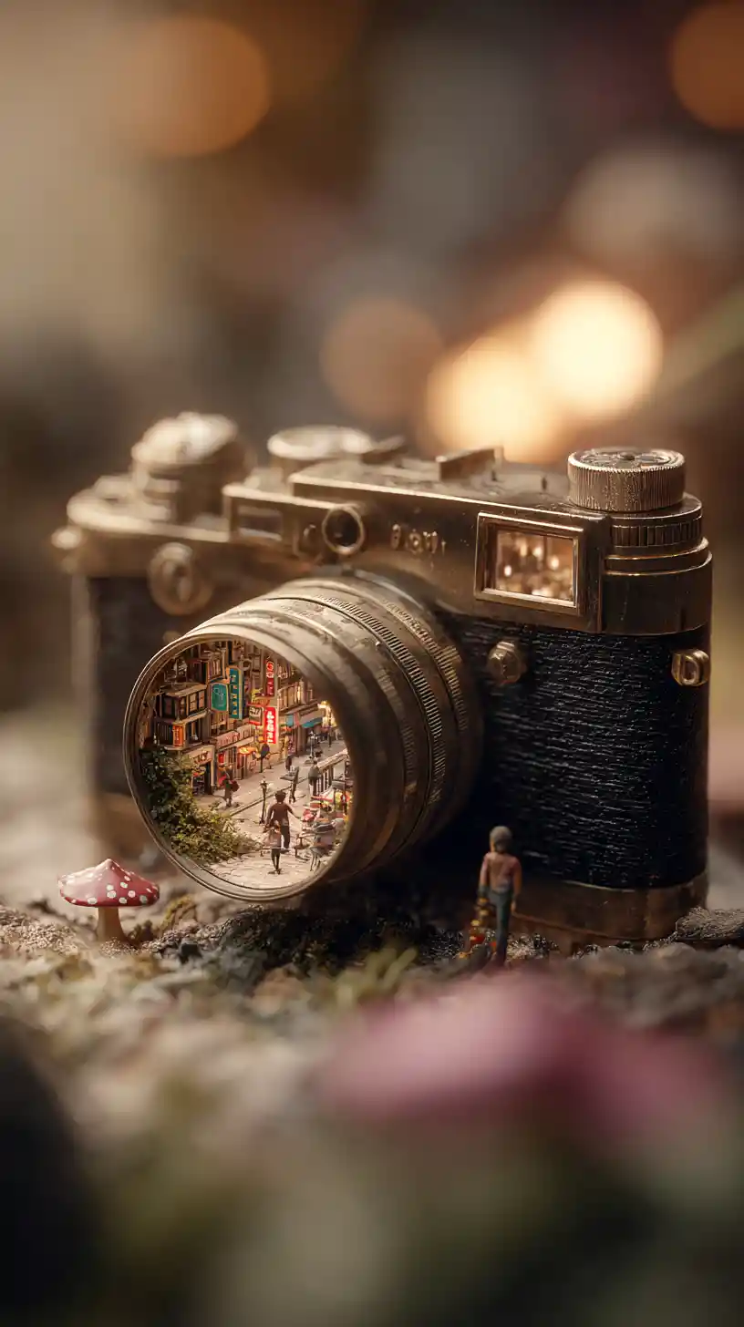Lente de câmera vintage revelando minúsculos mundos em miniatura