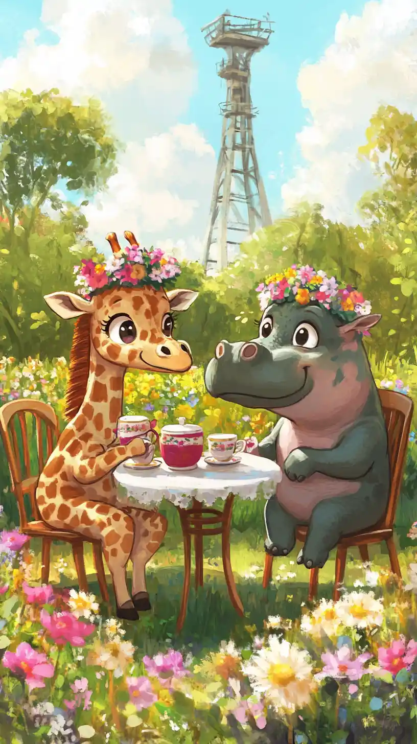 Cute chibi giraffe and hippo having tea in garden