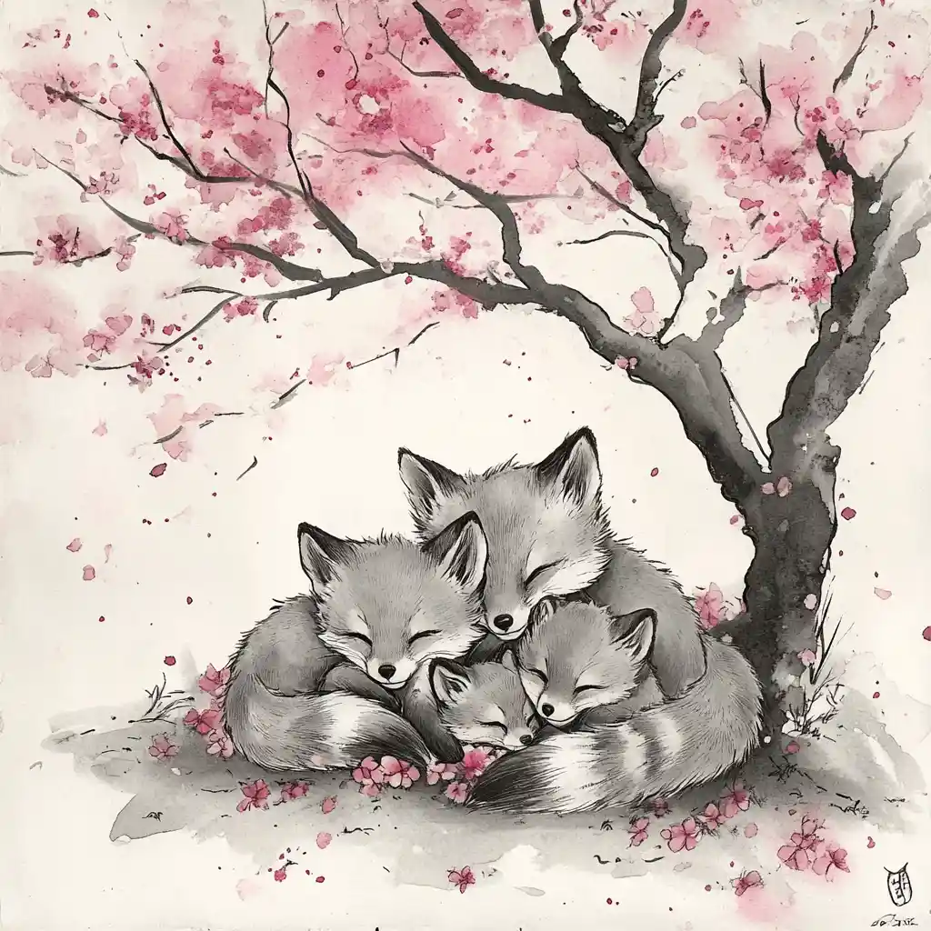 Sumi e fox kits cuddling beneath cherry blossom tree