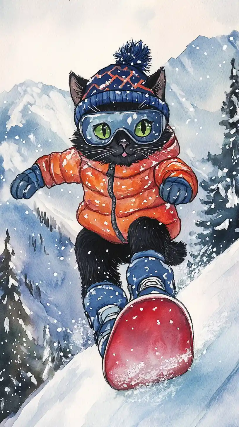 Black cat snowboarding down a snowy mountain slope