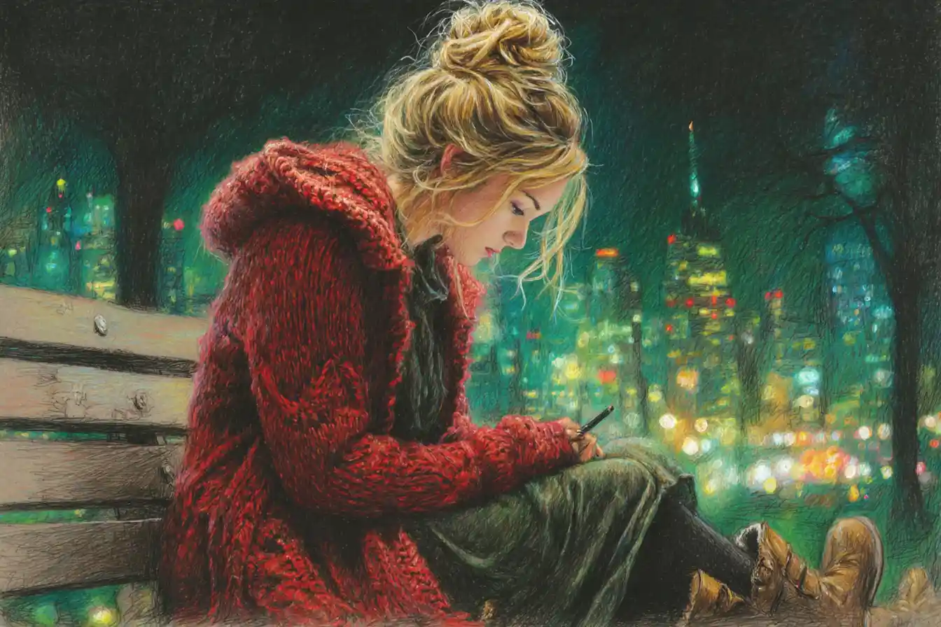 Sad blonde woman on a park bench feeding birds