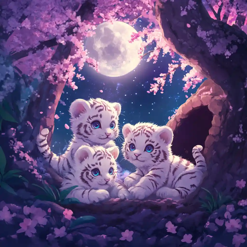 Chibi white tiger cubs playing under cherry blossom moonlight