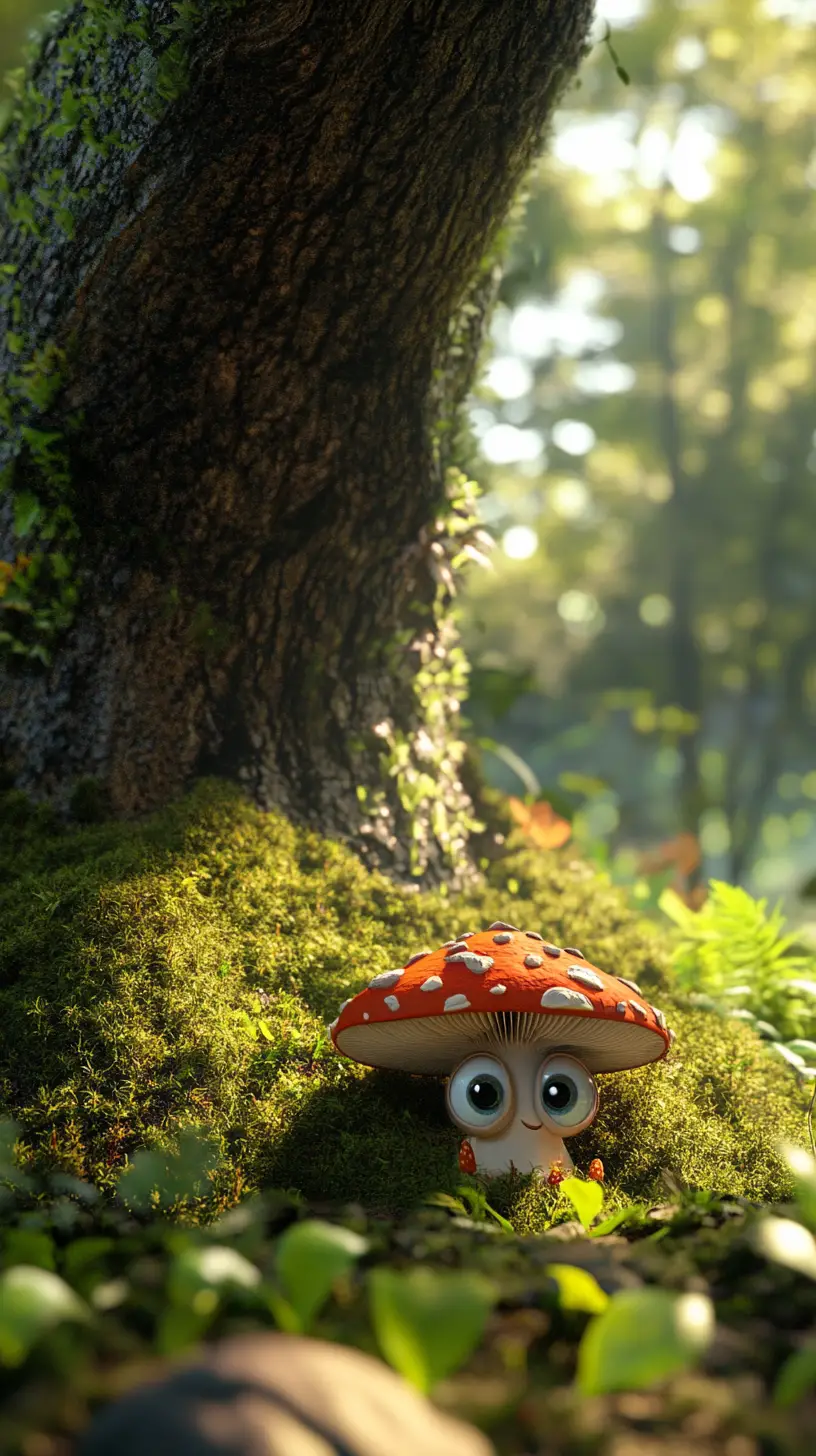 Playful cartoon mushroom on a mossy forest floor
