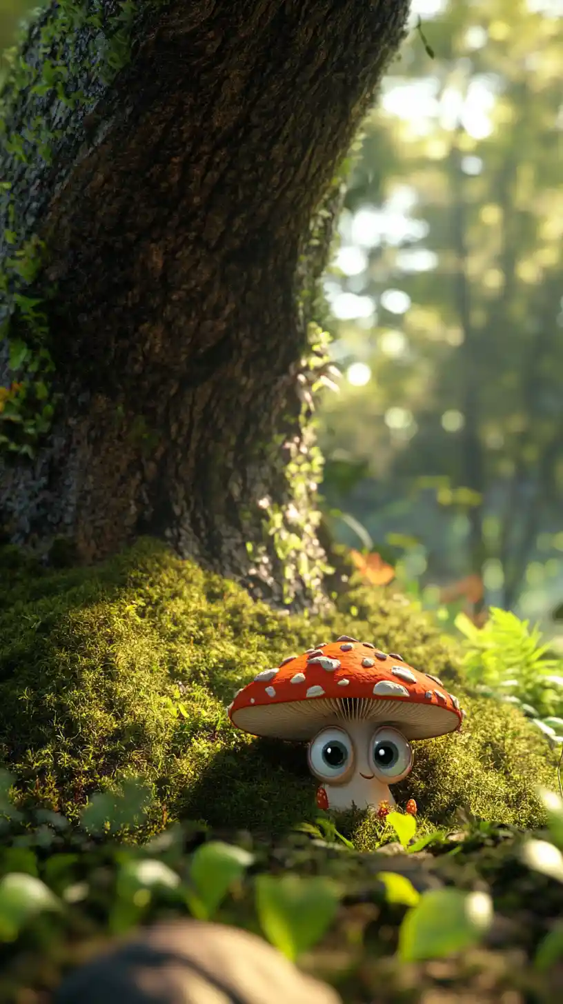 Verspielter Cartoon-Pilz auf einem moosigen Waldboden