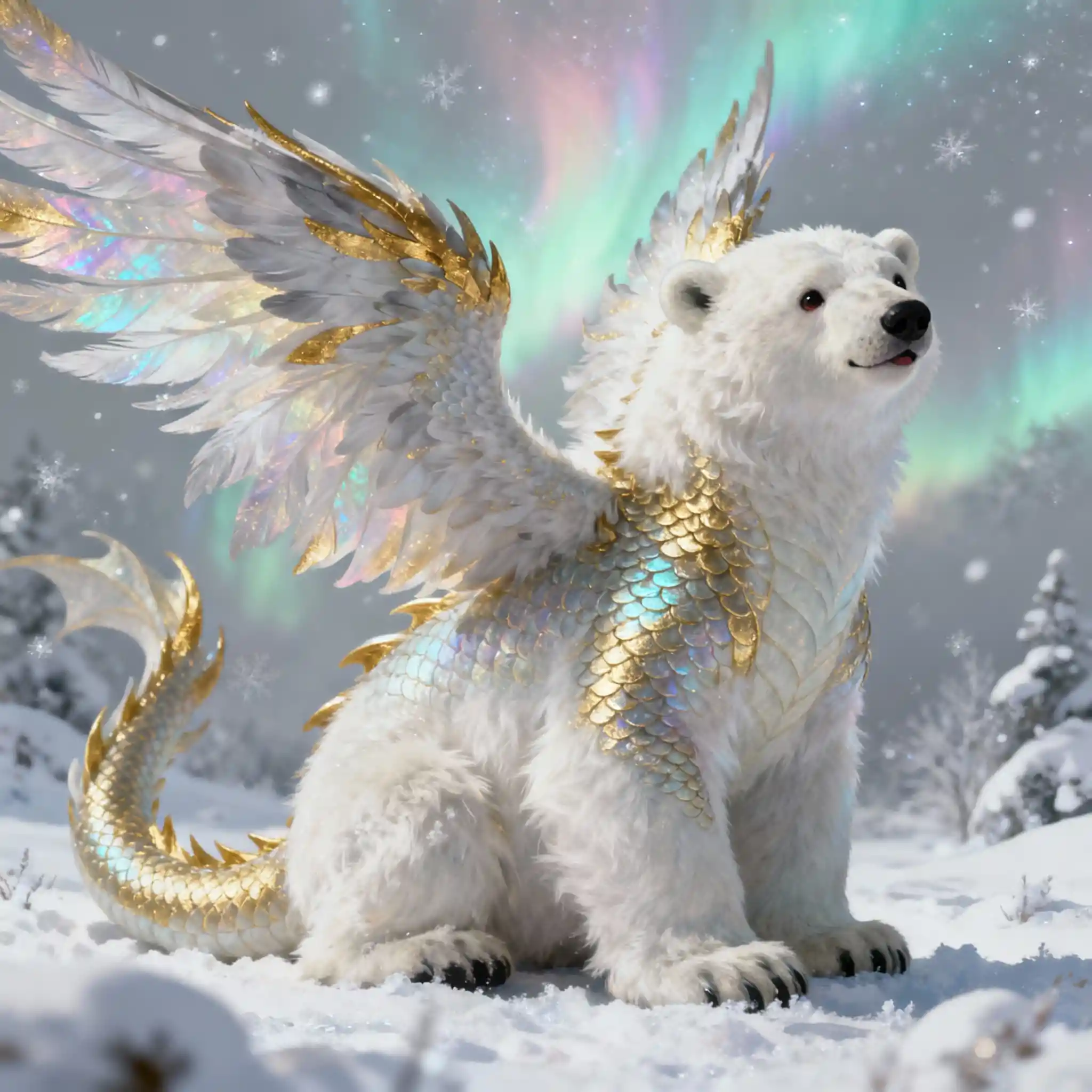Mythical winged creature in a tranquil snowy landscape