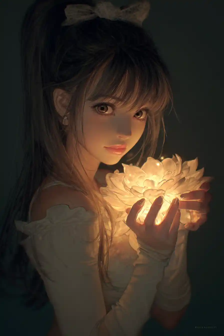 Anime girl holding a glowing flower in warm light