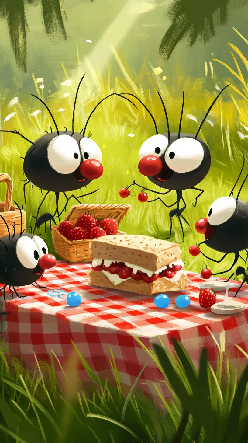 Playful Cartoon Ant Picnic In A Sunny Grassy Meadow