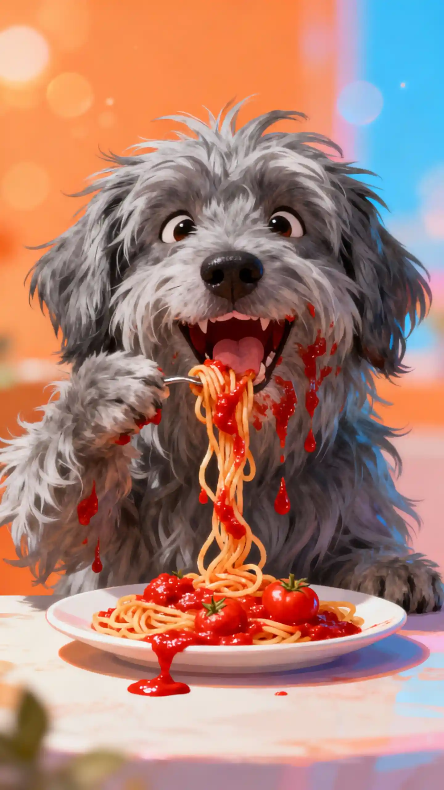 Cane grigio peloso che mangia spaghetti in arte digitale