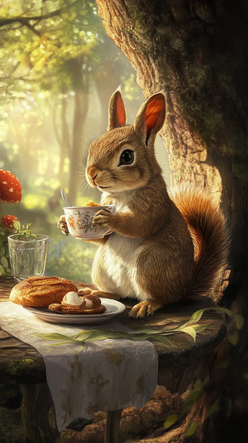 Rabbit and squirrel at an outdoor forest table scene