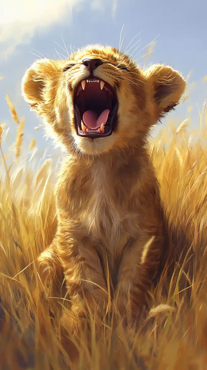 Lion cub yawning in tall grass on the savannah