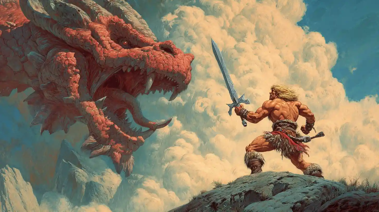 Barbarian warrior facing a dragon in fantasy battle