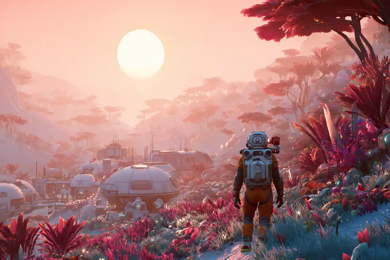 Astronaut Overlooking Futuristic Colony On Alien Planet