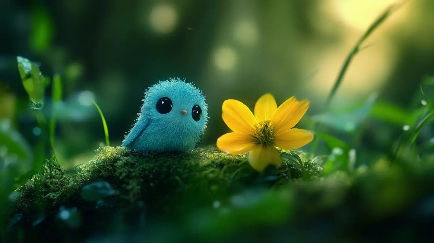 Cute blue creature resting under a bright yellow flower