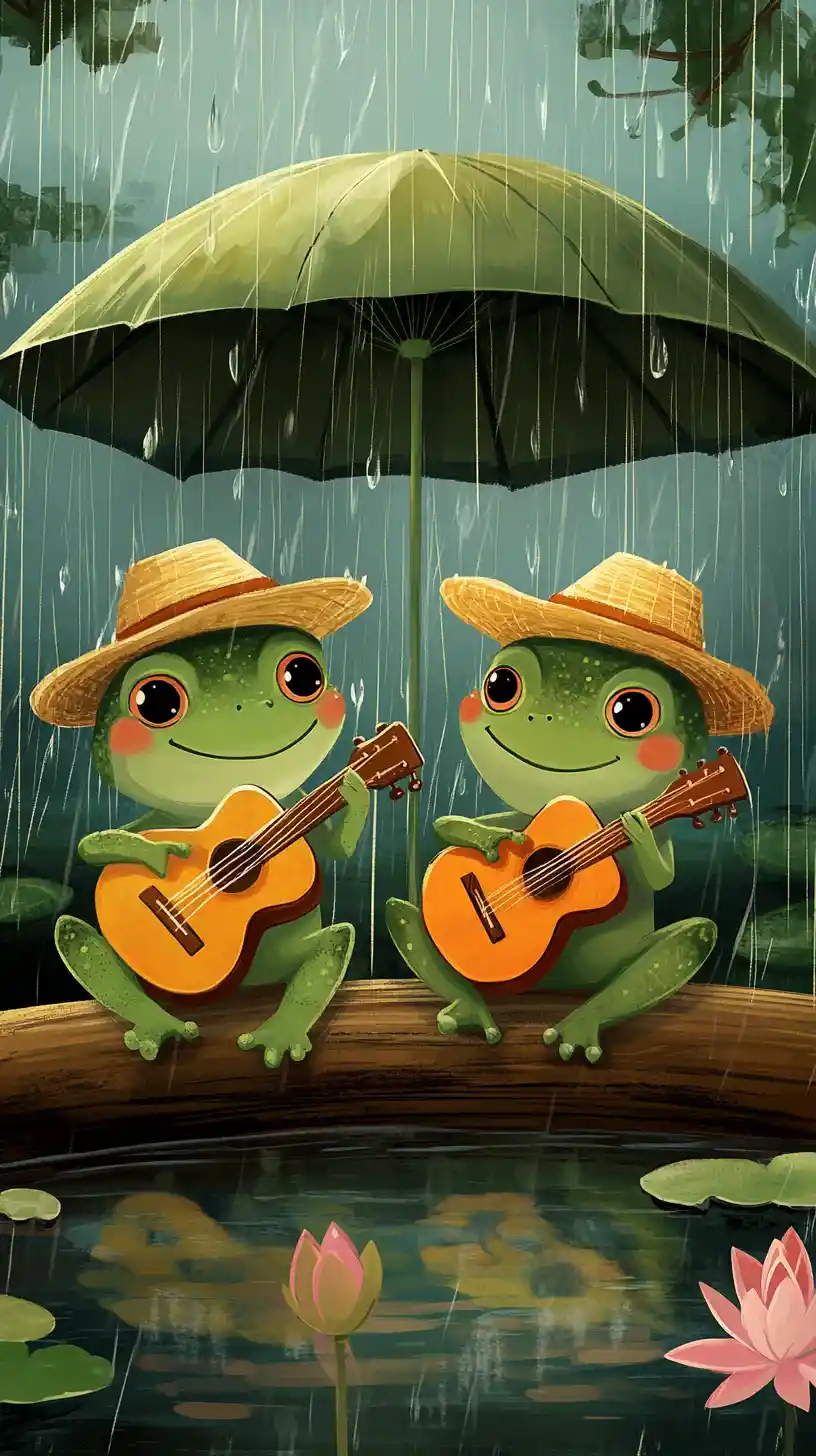Two frogs playing guitars under a lotus leaf in rain