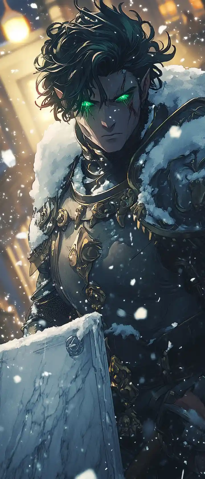 雪中柏林藝廊中升起的動漫大理石戰士