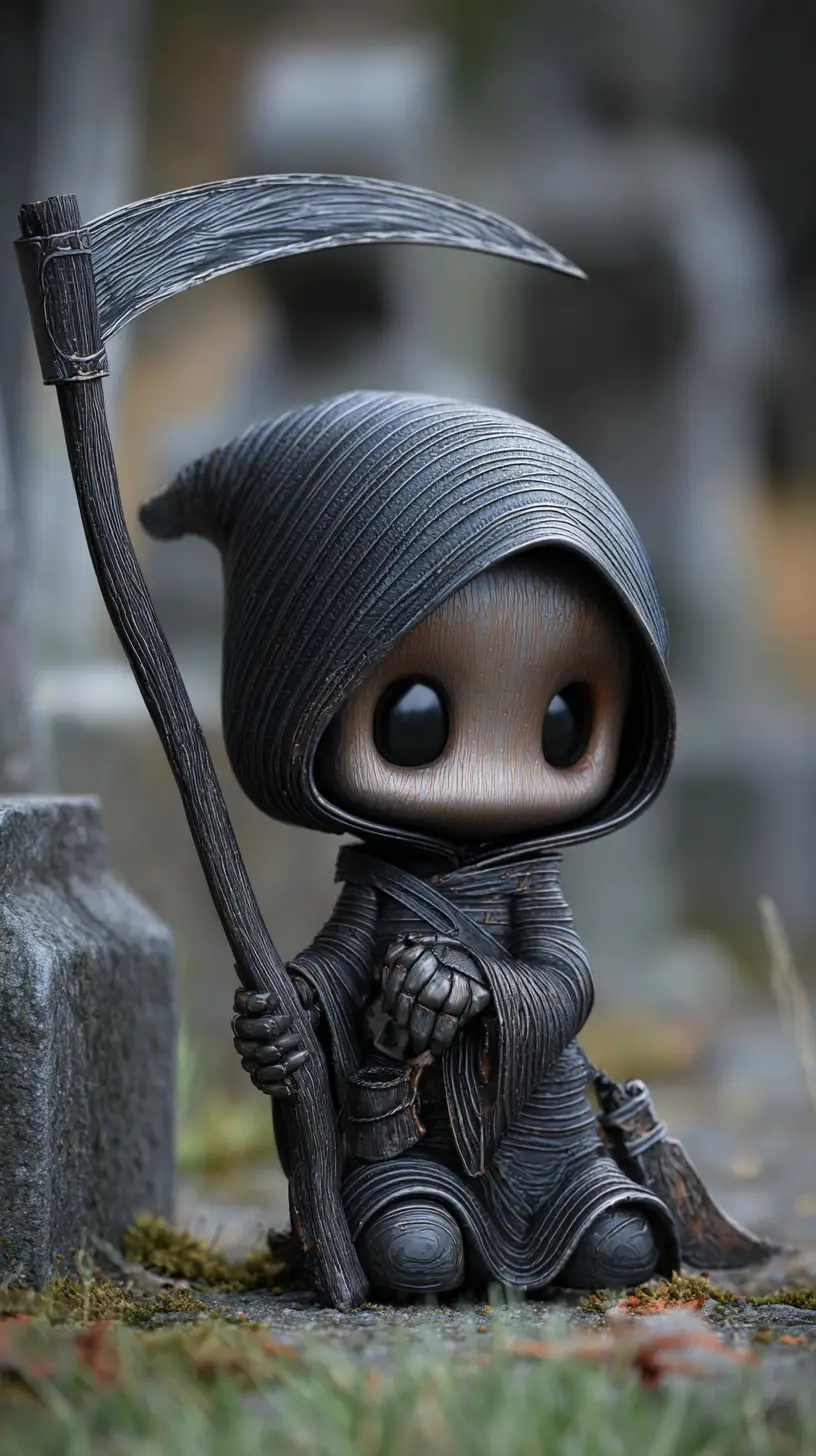 Cute chibi grim reaper in a detailed graveyard scene