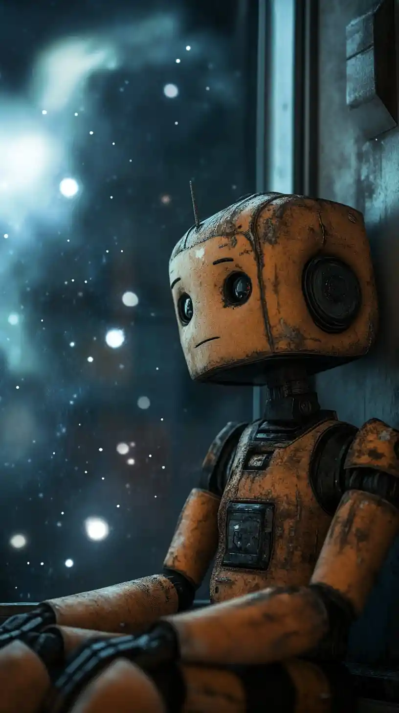 Melancholischer Roboter in einem Industrie­raum mit Blick auf die Galaxie