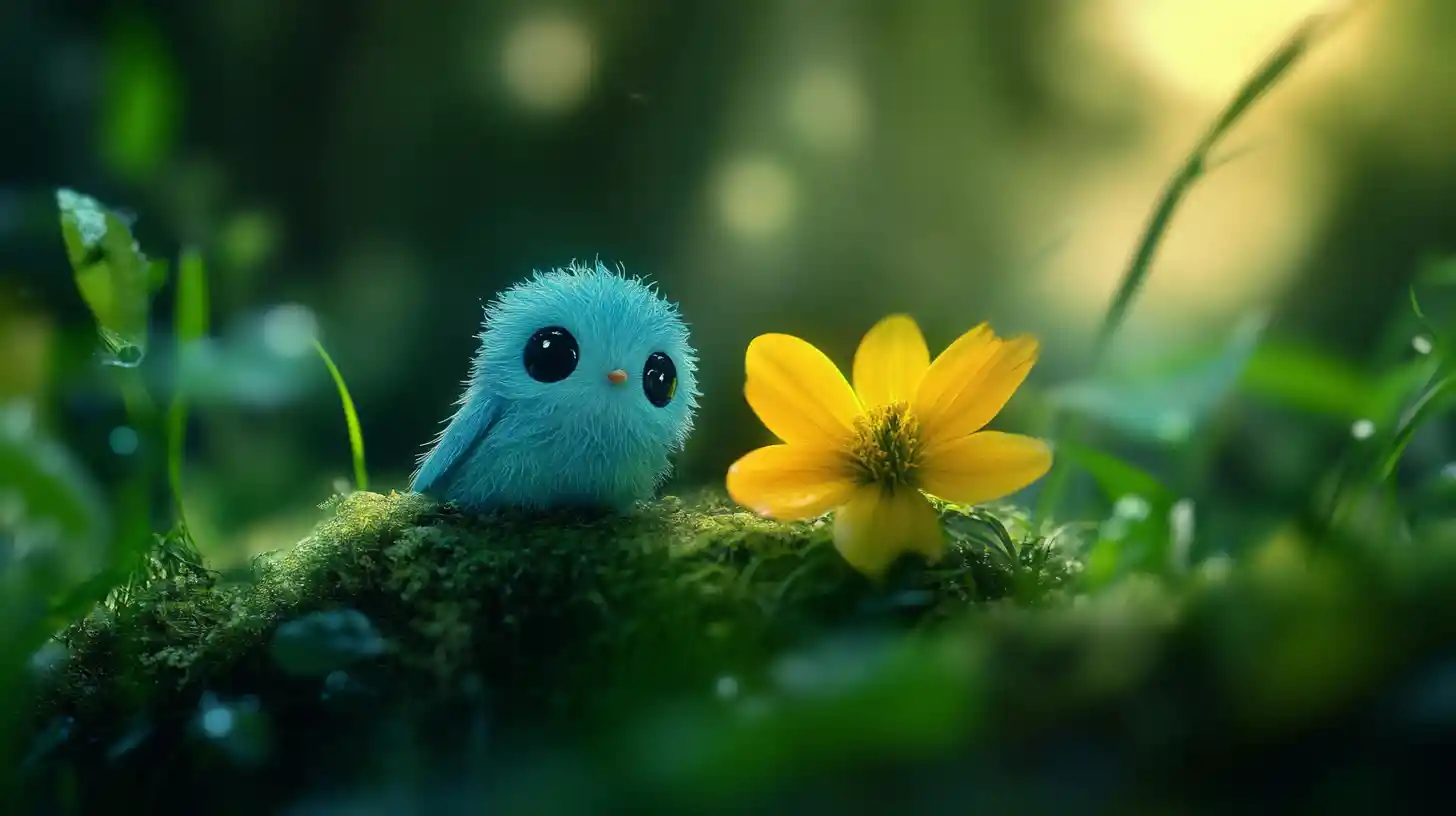 Cute blue creature resting under a bright yellow flower