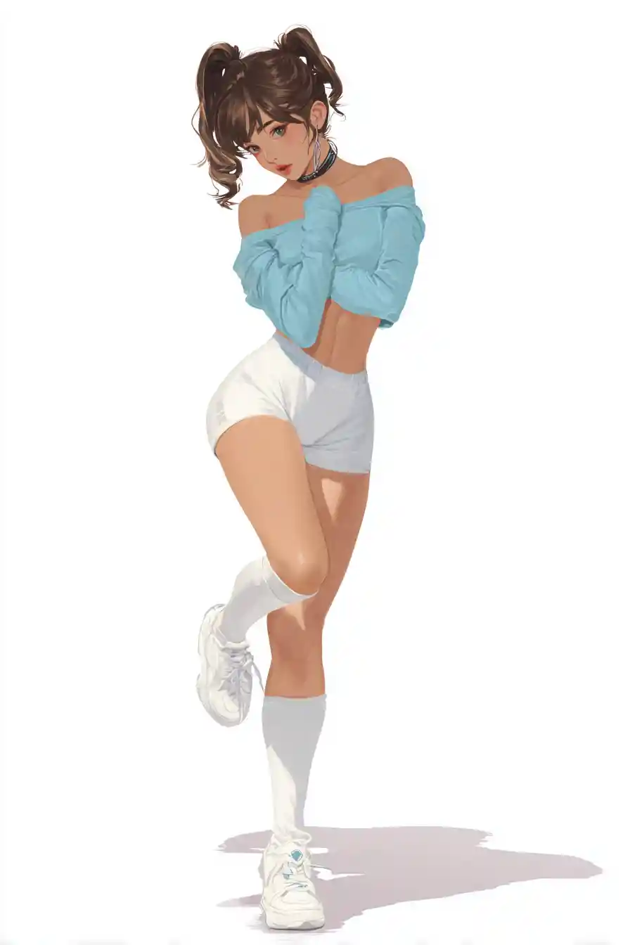 Anime girl standing on one leg in casual pyjamas