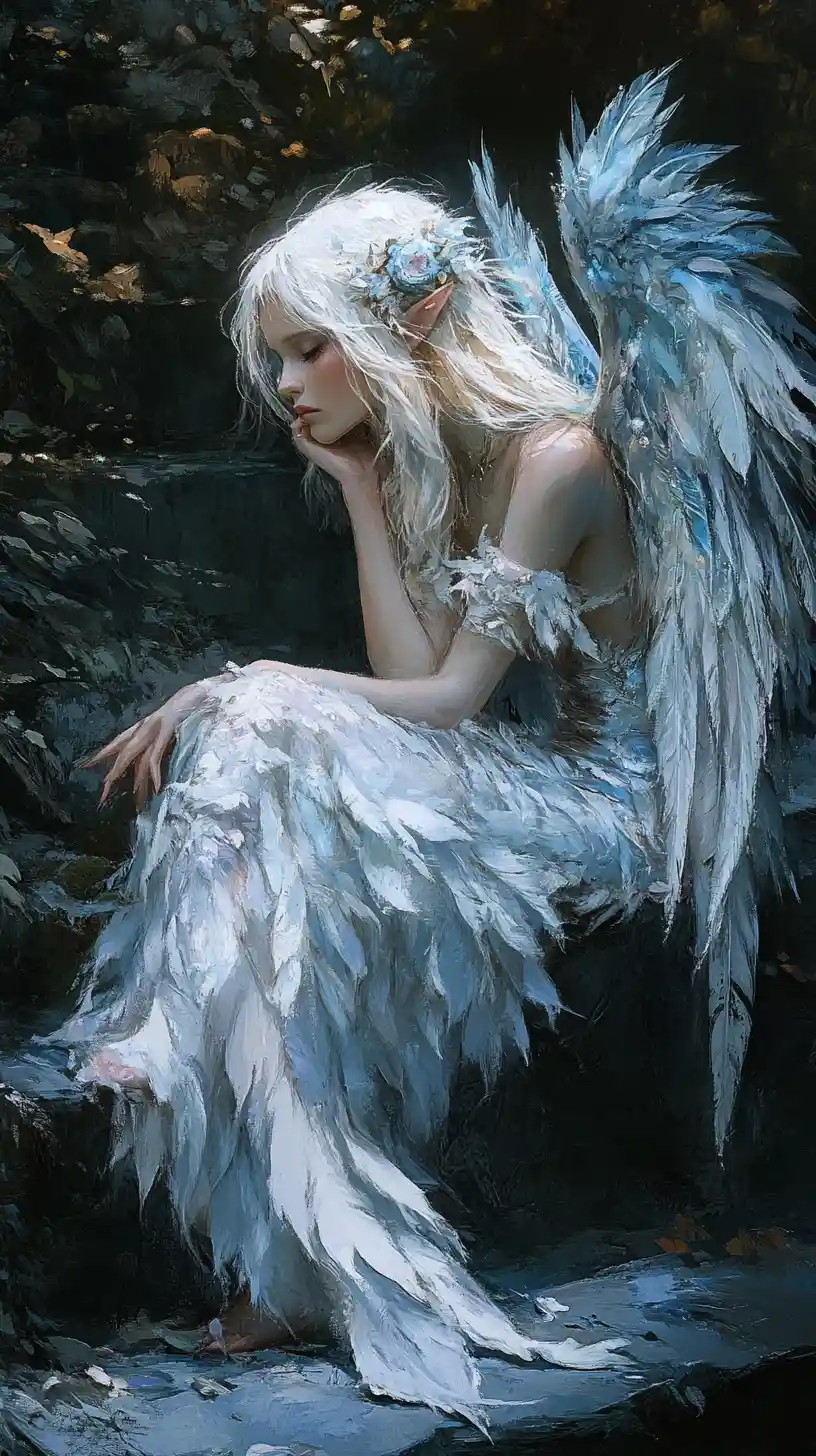 White haired fairy woman sitting in a dark forest