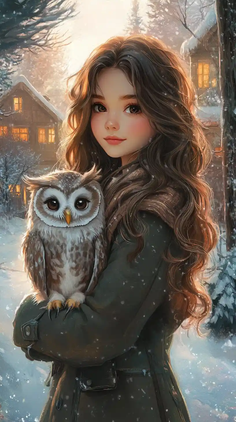Cute girl holding an owl in a snowy forest