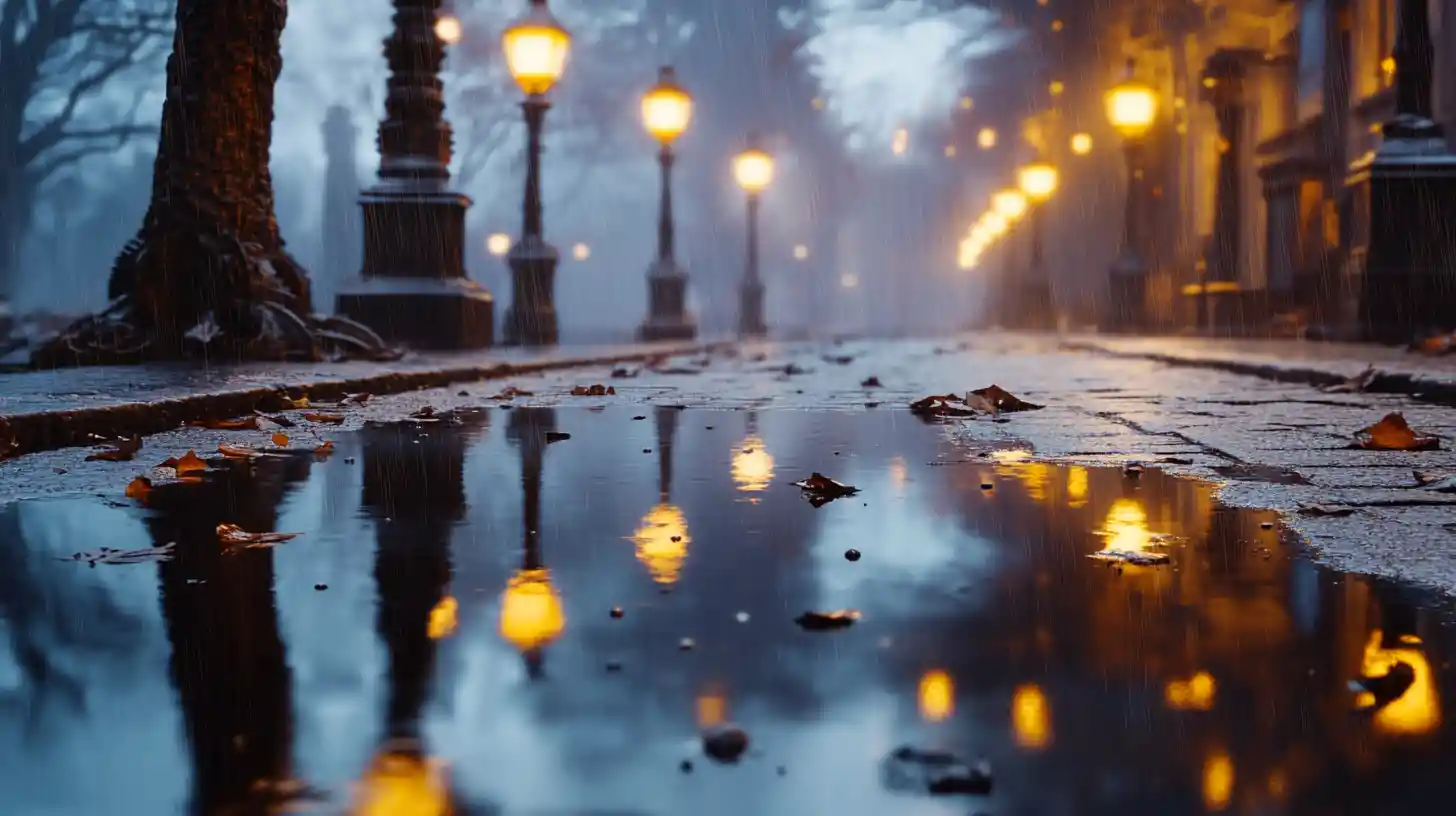 Surreal rainy steampunk street with glowing reflections
