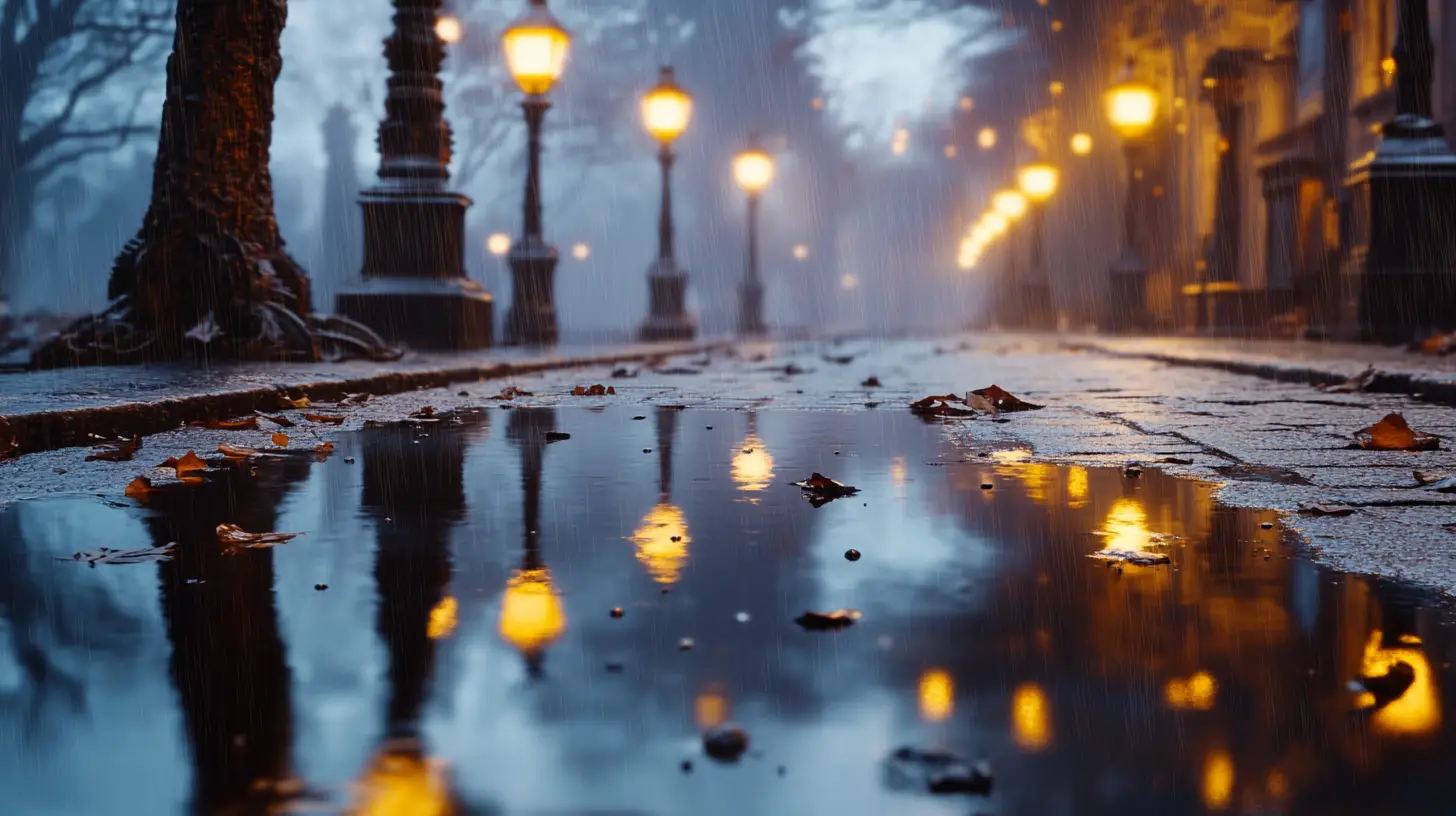 Surreal rainy steampunk street with glowing reflections