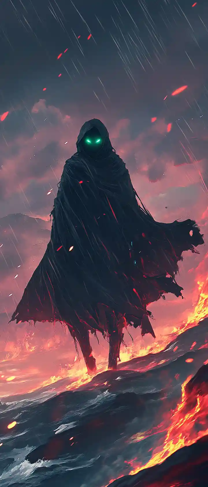 Anime figure on misty coastal cliff under crimson sky