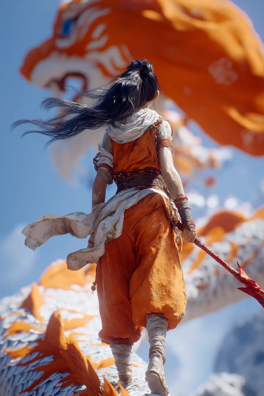 Warrior Woman Riding A Dragon Above Futuristic Cities