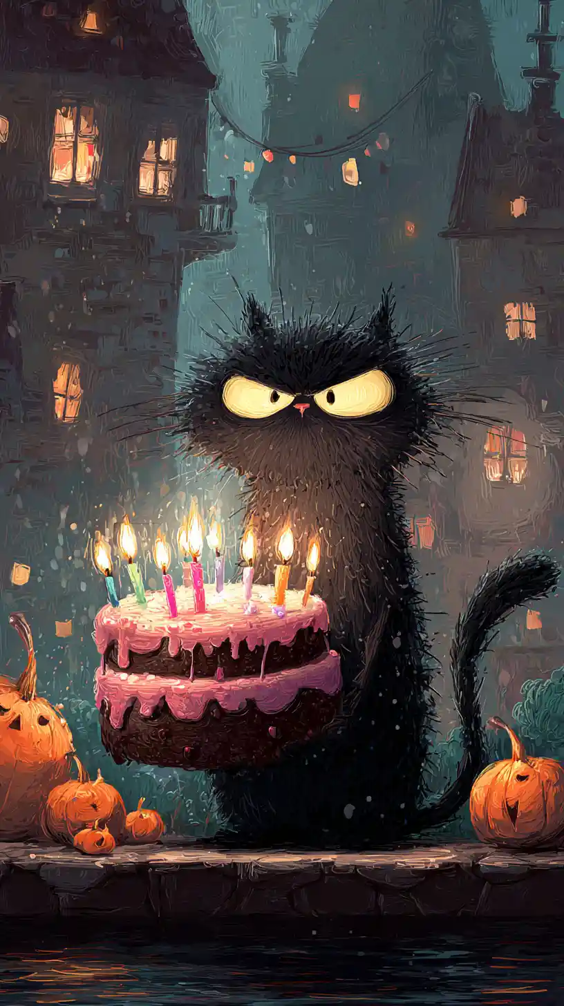 Black cat with birthday cake in a magical night scene