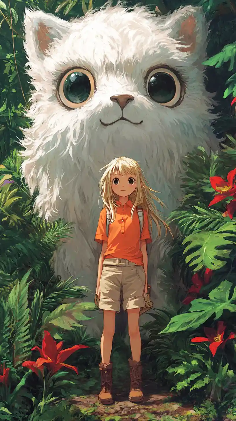 Girl and giant white cat in a lush garden