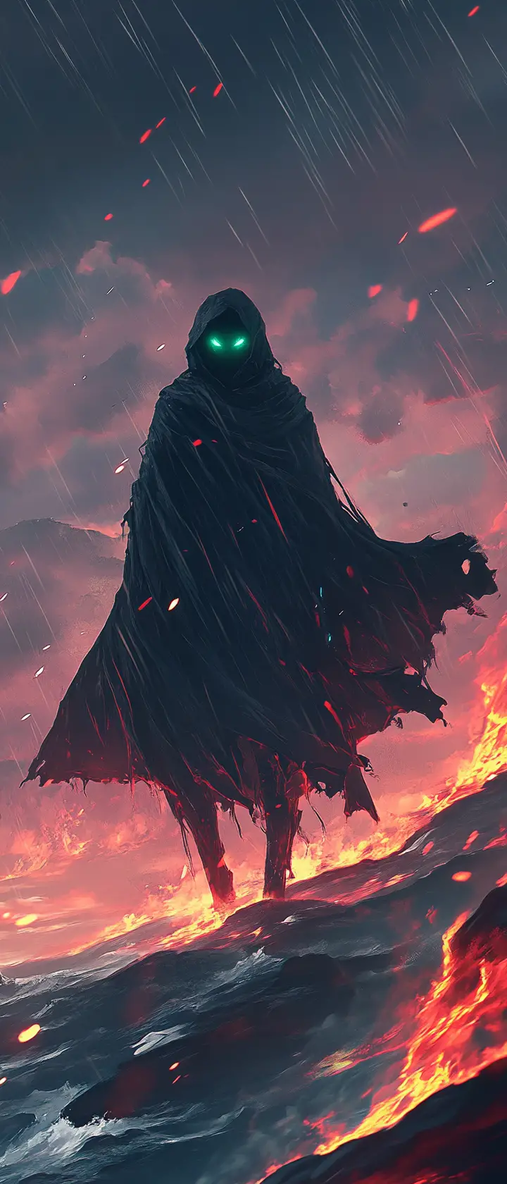 Anime figure on misty coastal cliff under crimson sky