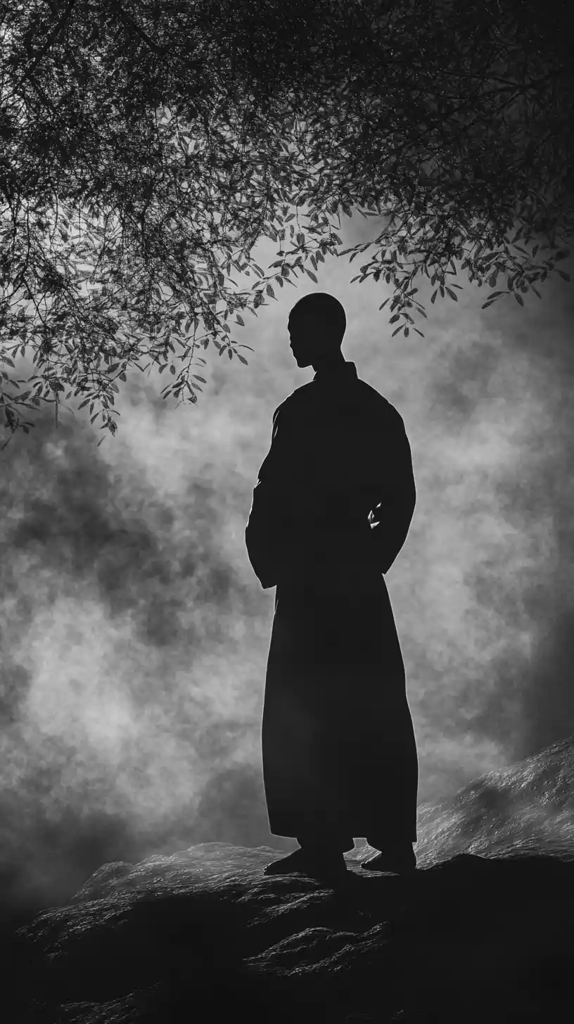 Serene martial artist in a misty golden mountain landscape