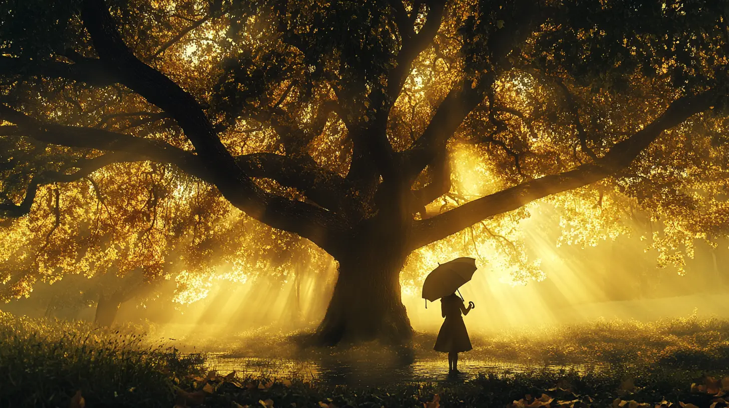 Little girl with umbrella beneath a towering forest tree