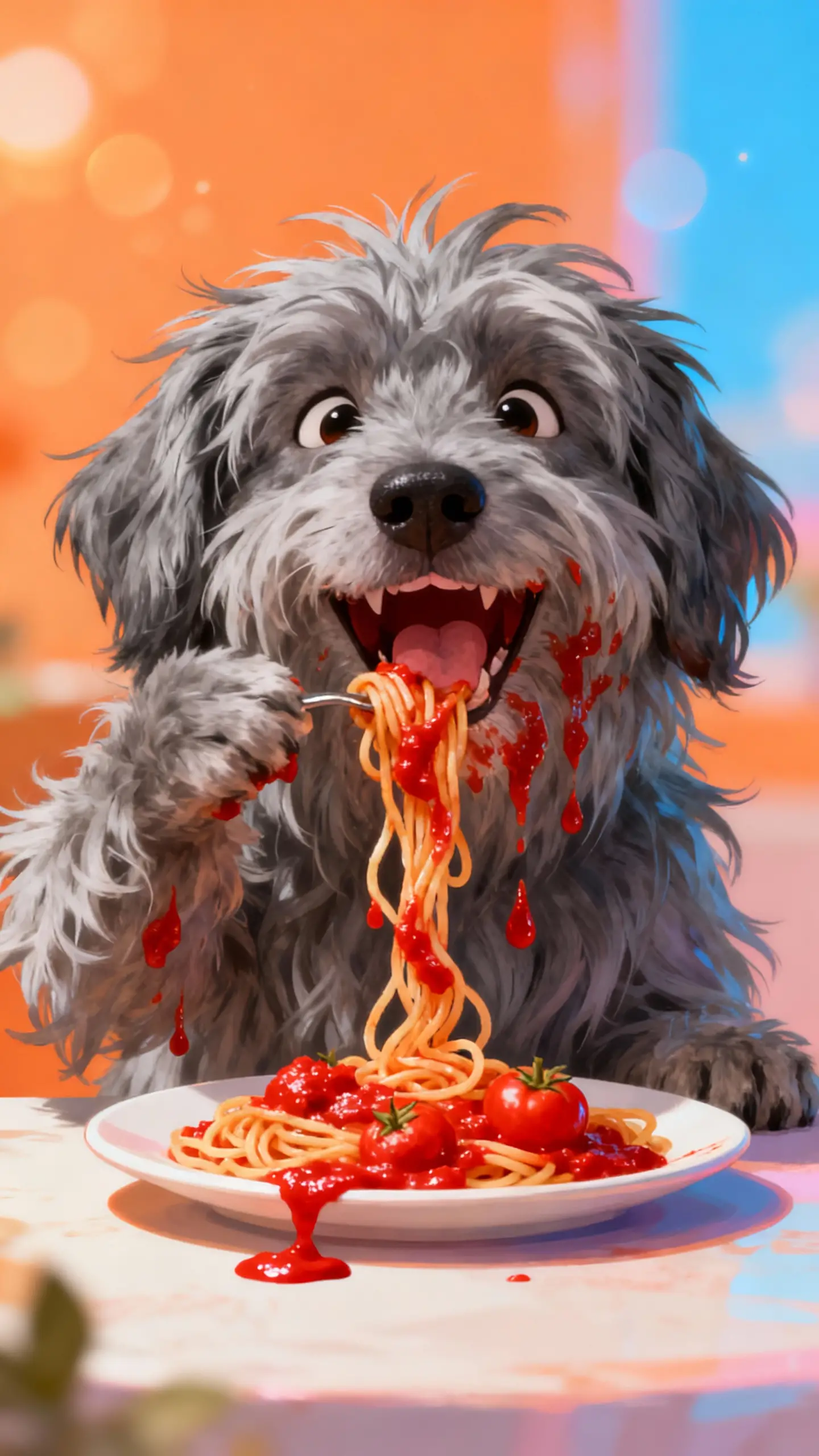 Shaggy gray dog eating spaghetti in digital art