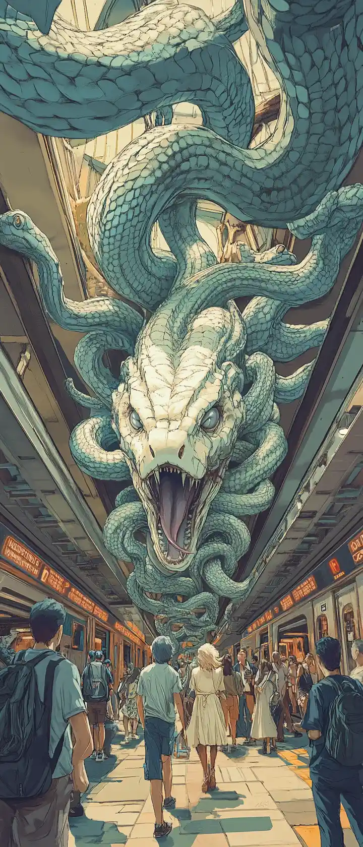Anime Laocoon statue in busy New York subway station