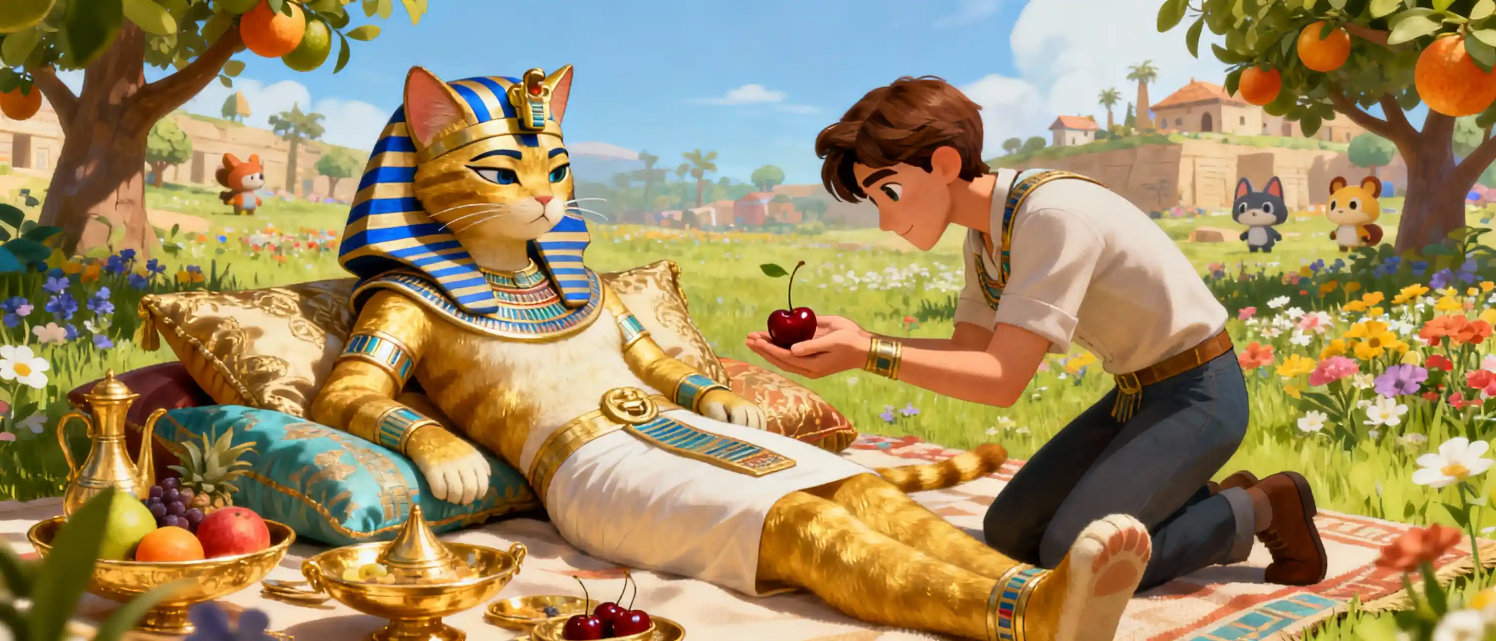 Royal cat reclining at a meadow picnic with villager