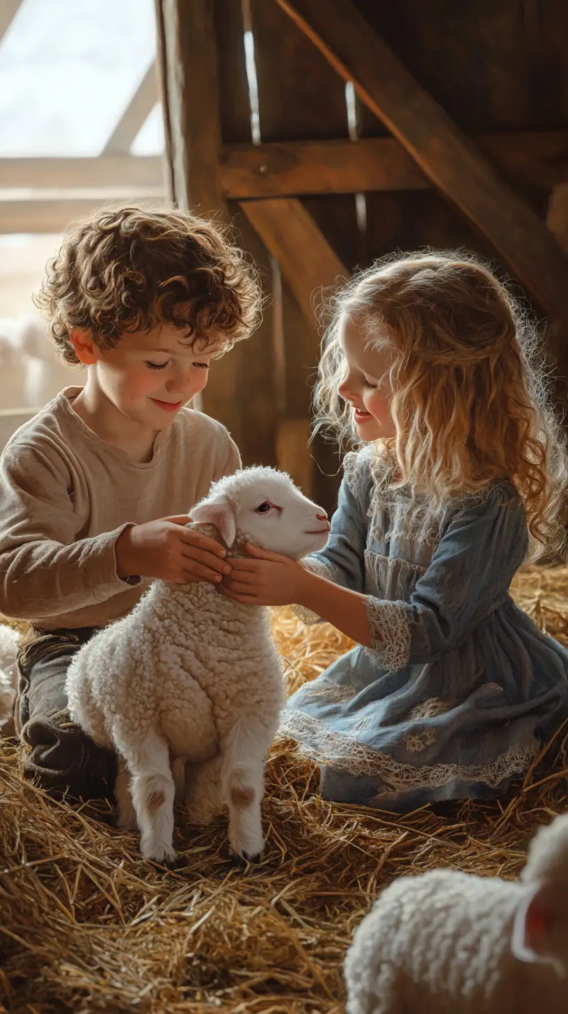 Children Caring For A Lamb In A Sunlit Rustic Barn