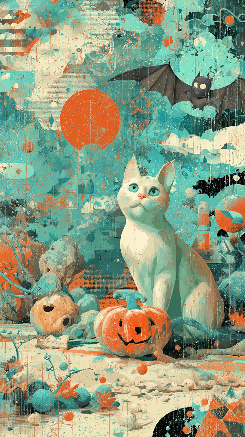 Gato de Halloween Retro Futurista Fantasioso con Calabaza y Murciélago
