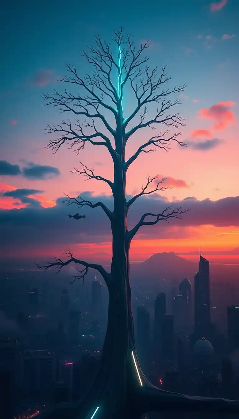 Futuristic city skyline with glowing tree at sunset