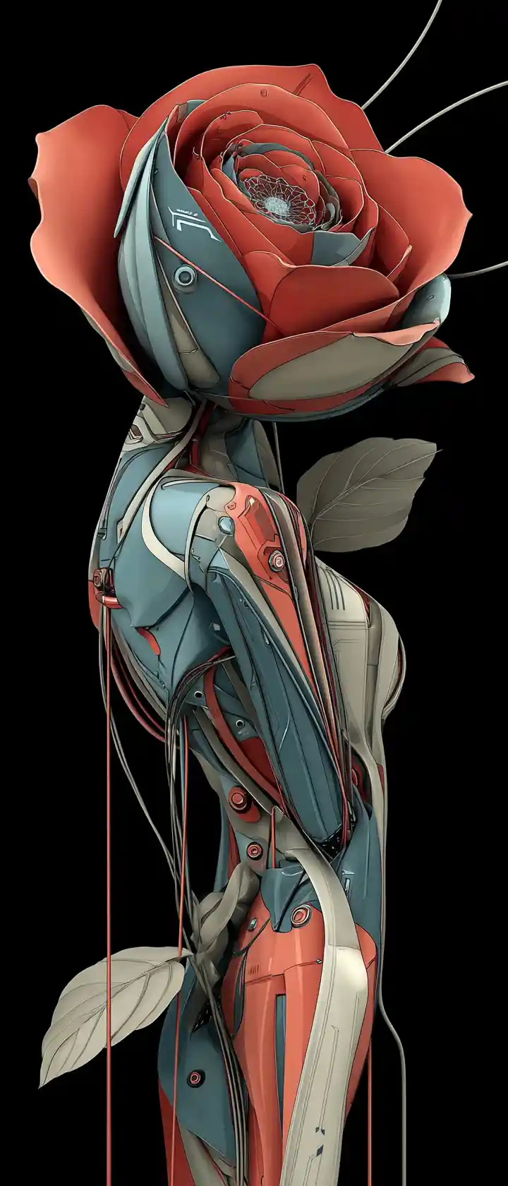 Cyberorganic rose fused with glowing technological circuitry