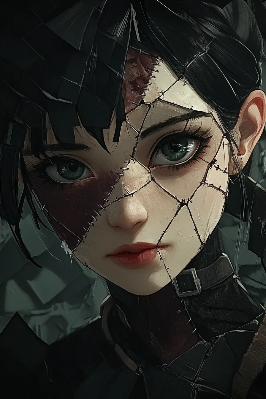 Semi realistic anime woman with stitched patchwork skin