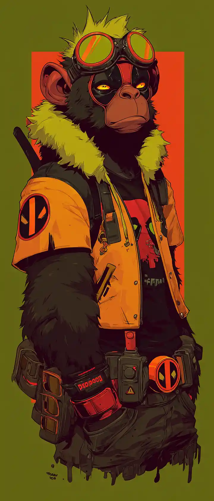 Cartoon chimpanzee hero in red mask and utility suit