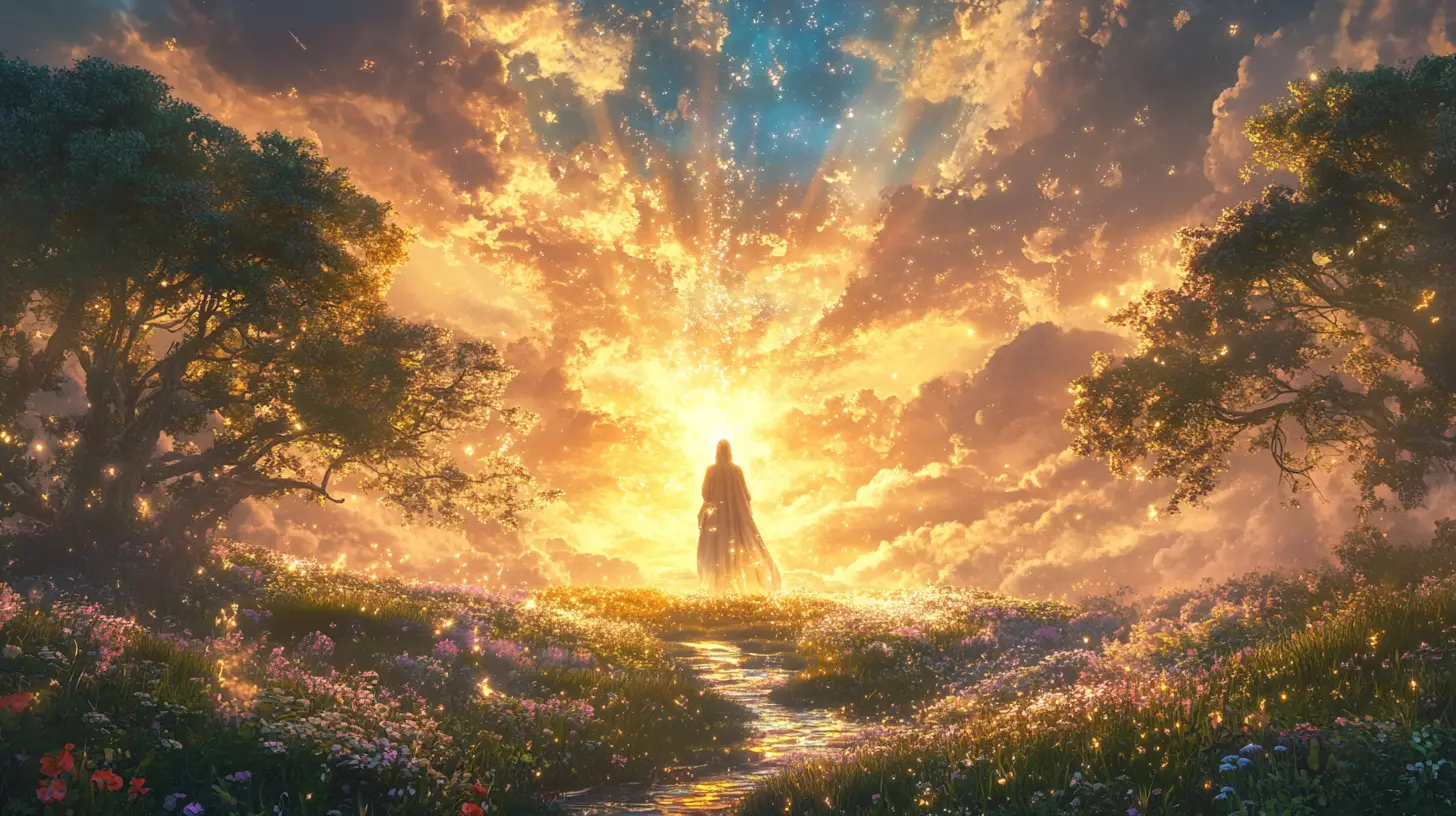 Femme en robe debout dans un paysage sacré lumineux