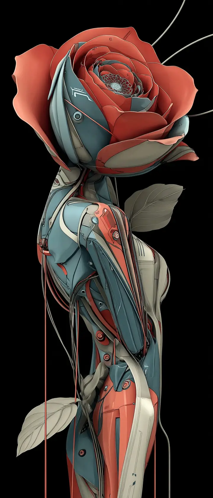 Cyberorganic rose fused with glowing technological circuitry