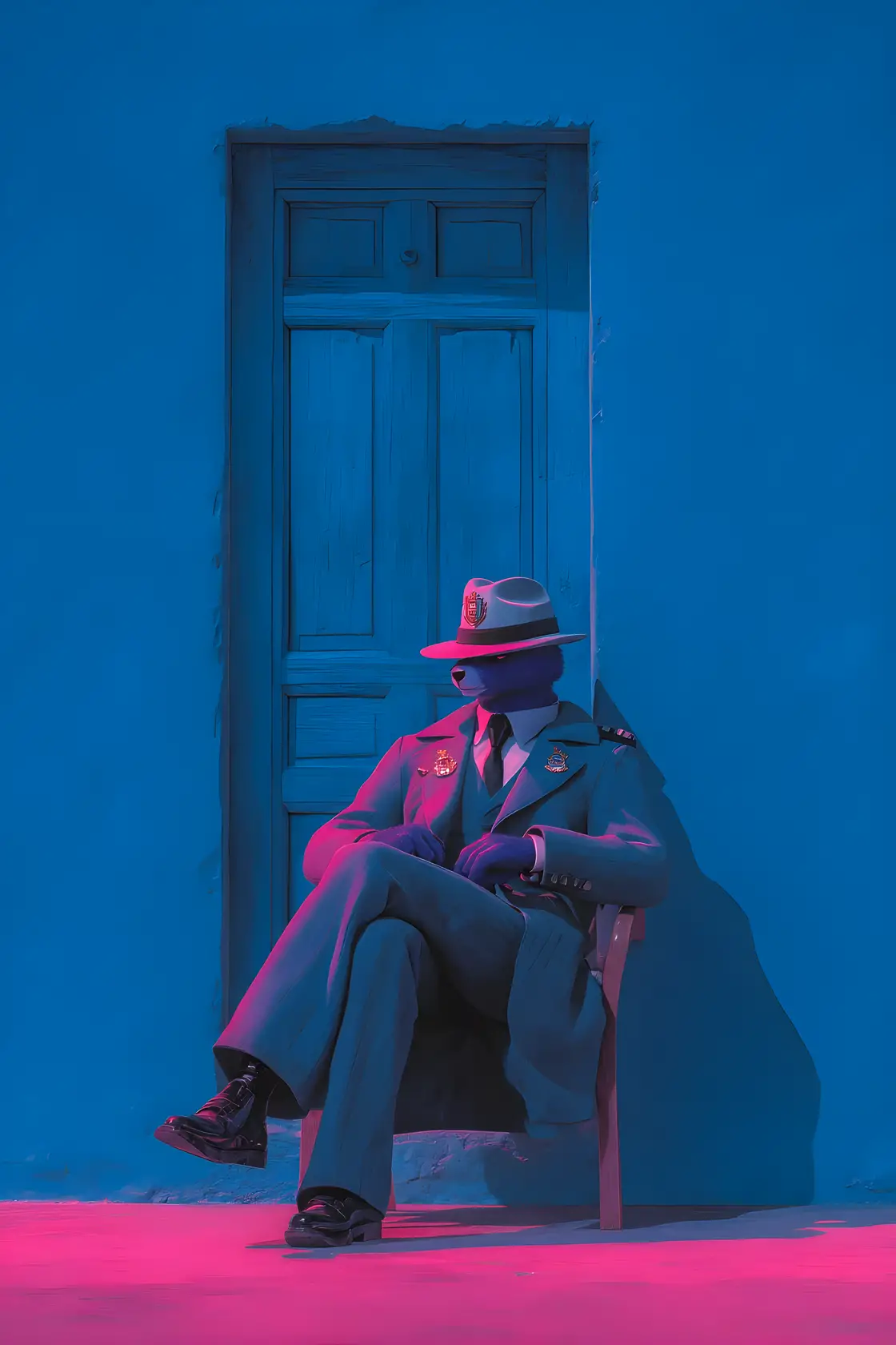 Cartoon pink panther inspector in cobalt blue abstract scene