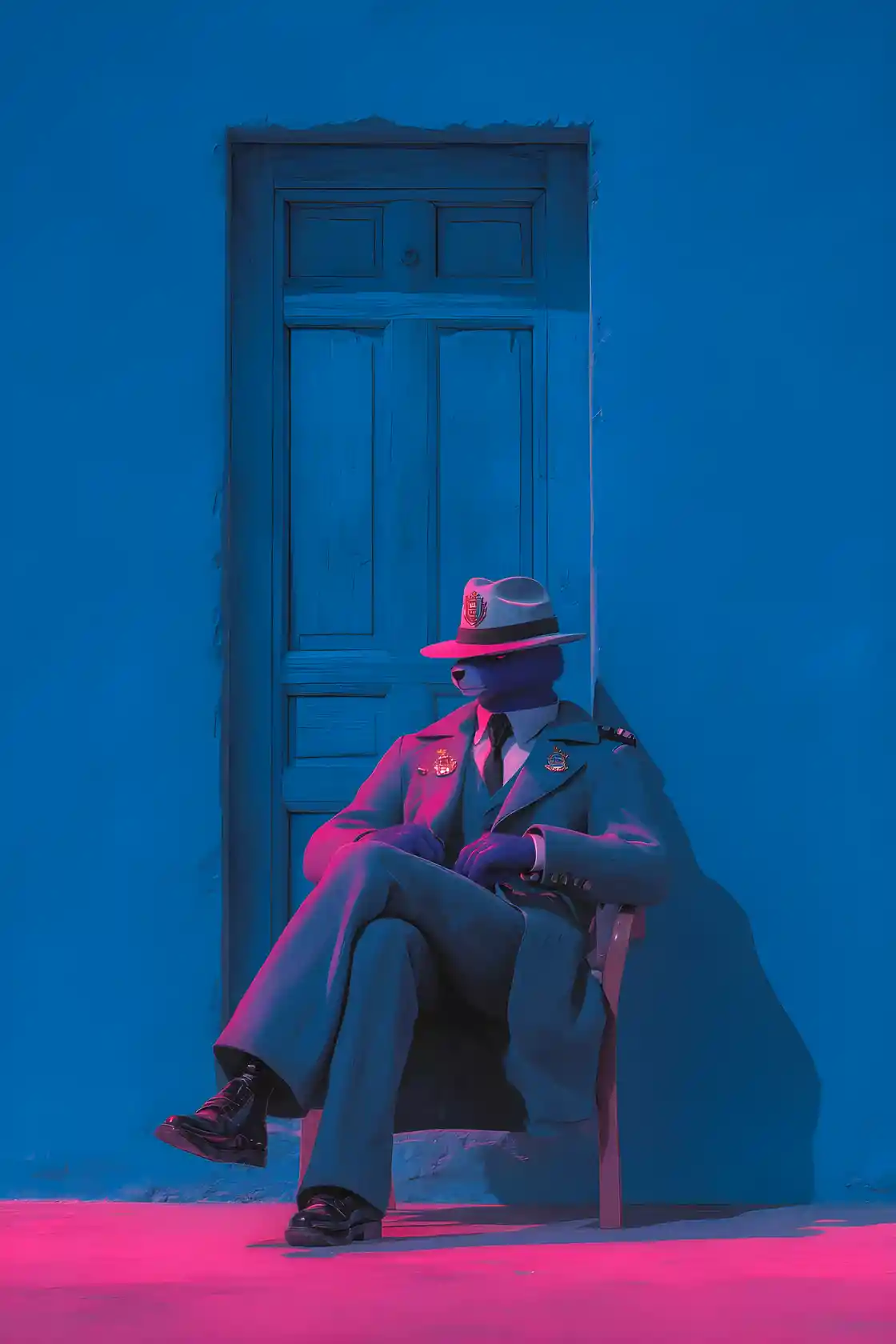 Cartoon pink panther inspector in cobalt blue abstract scene